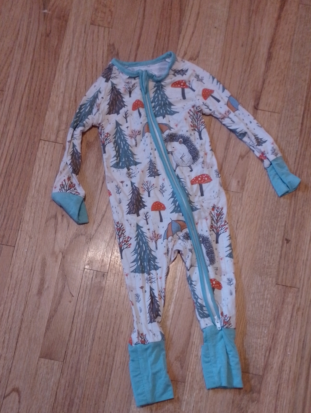 Light Blue Woodland Mushroom Hedgehog Baby 6-9 M One-Piece Pajamas